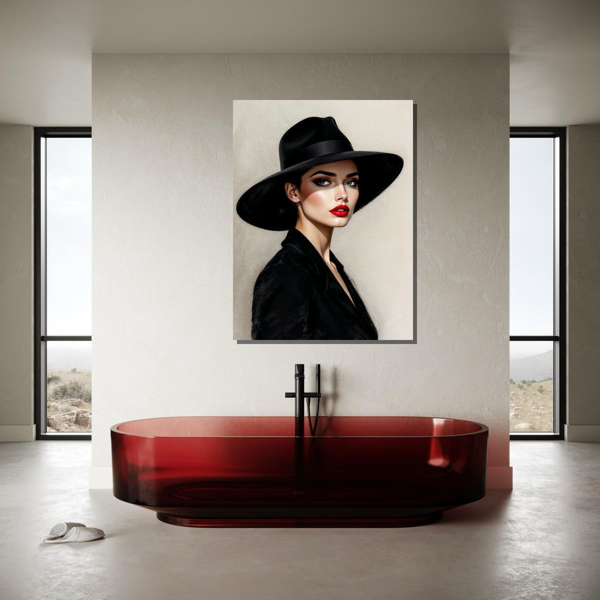 Elegant Woman in Black Hat Canvas, Stylish Portrait Art, Modern Wall Art, Fashion Illustration Canvas, Ready to Hang Wall Décor