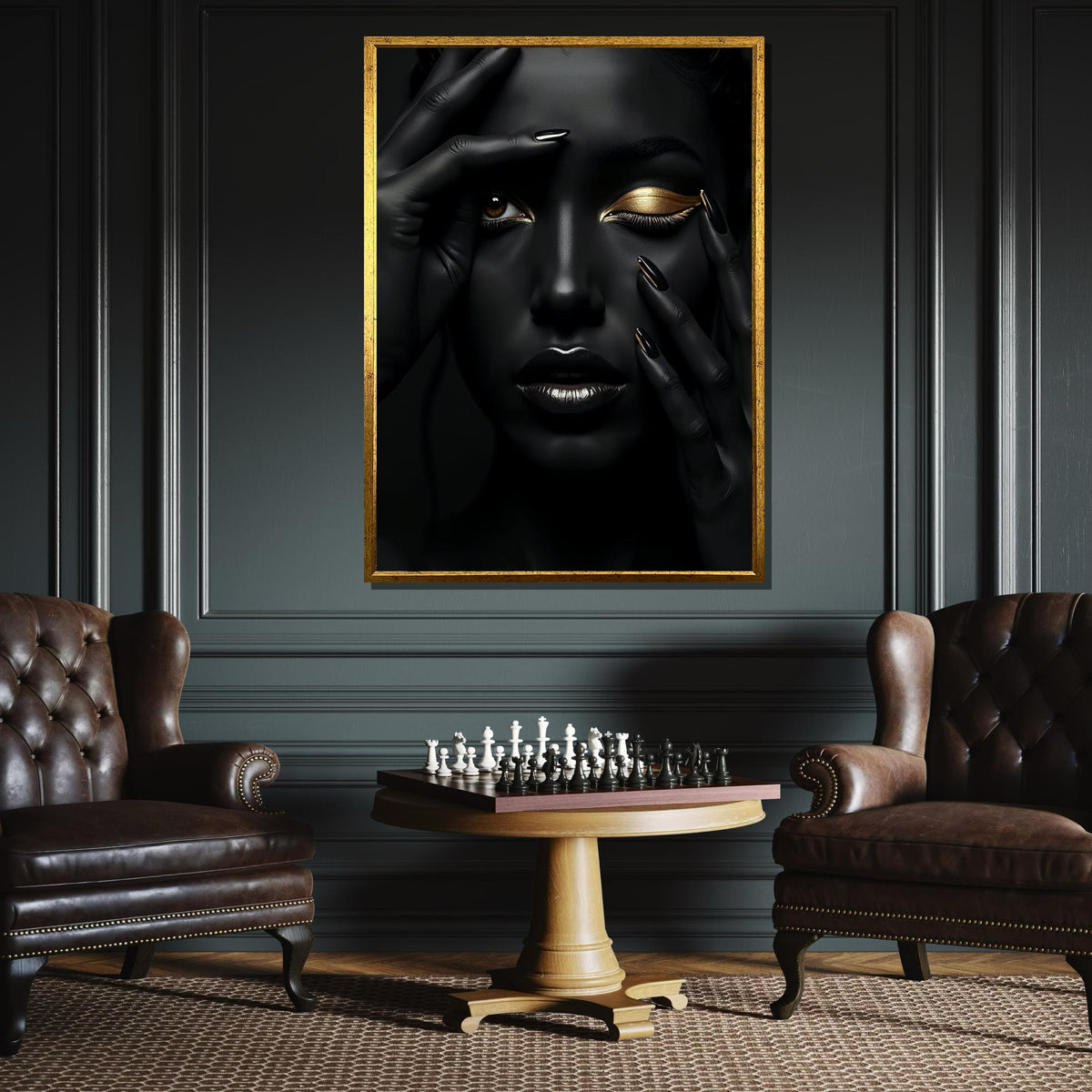 Afro Woman Wall Art,Black and Gold Beauty Portrait Canvas, Ethnic Art, Gold Minimalist Decor, Black Woman Artwork, Ready to Hang Art
