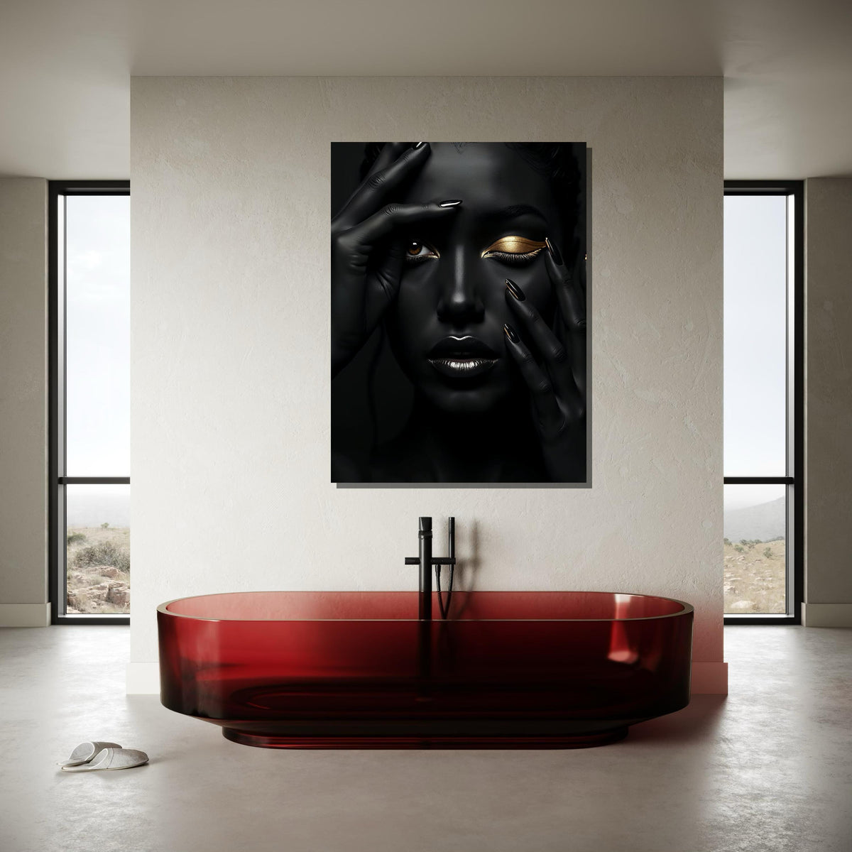 Afro Woman Wall Art,Black and Gold Beauty Portrait Canvas, Ethnic Art, Gold Minimalist Decor, Black Woman Artwork, Ready to Hang Art