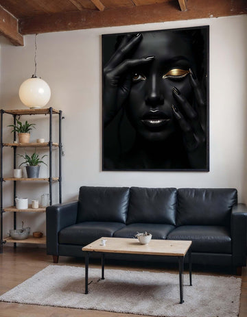 Afro Woman Wall Art,Black and Gold Beauty Portrait Canvas, Ethnic Art, Gold Minimalist Decor, Black Woman Artwork, Ready to Hang Art