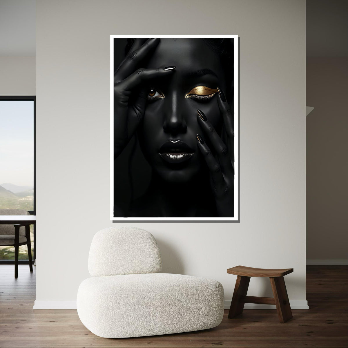 Afro Woman Wall Art,Black and Gold Beauty Portrait Canvas, Ethnic Art, Gold Minimalist Decor, Black Woman Artwork, Ready to Hang Art