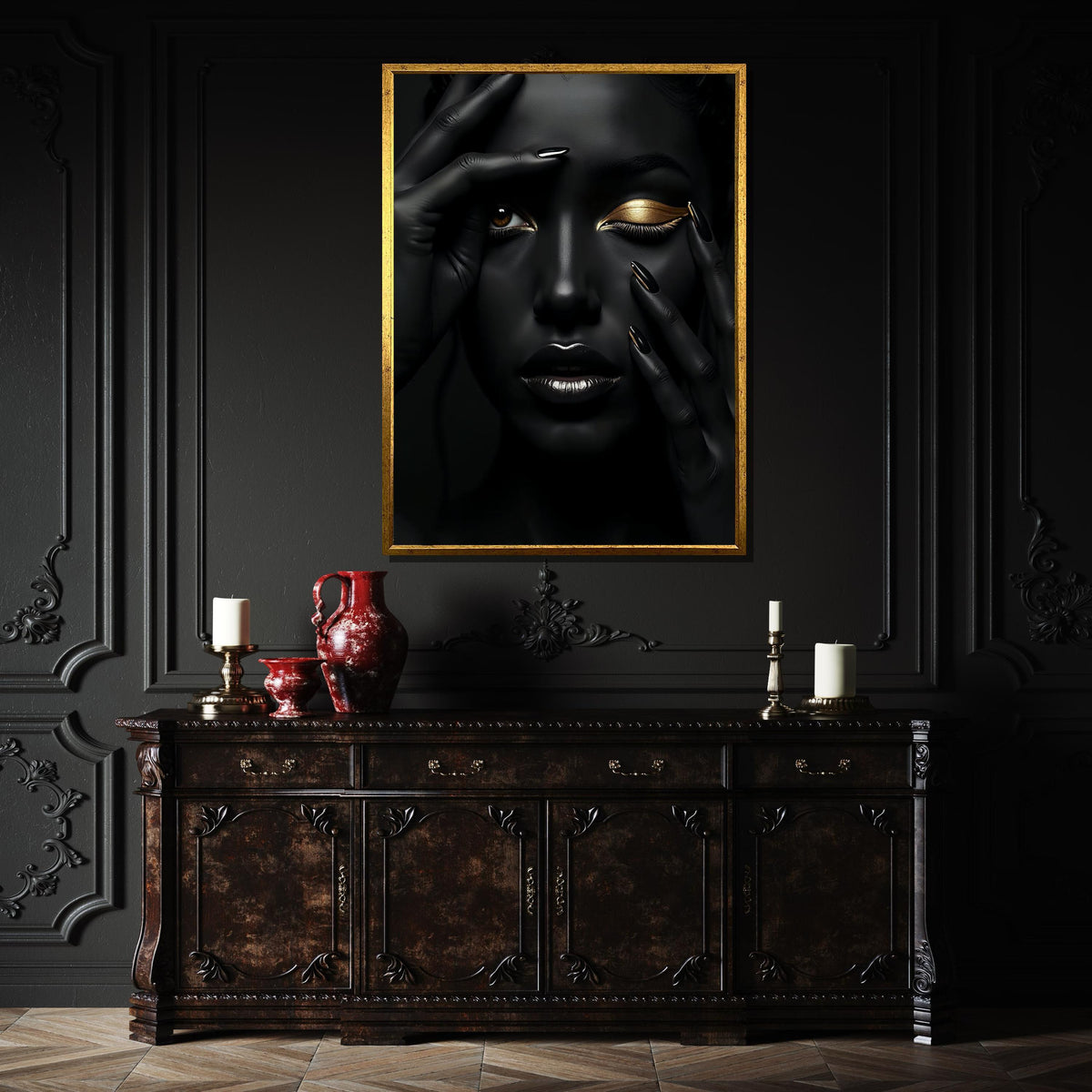 Afro Woman Wall Art,Black and Gold Beauty Portrait Canvas, Ethnic Art, Gold Minimalist Decor, Black Woman Artwork, Ready to Hang Art