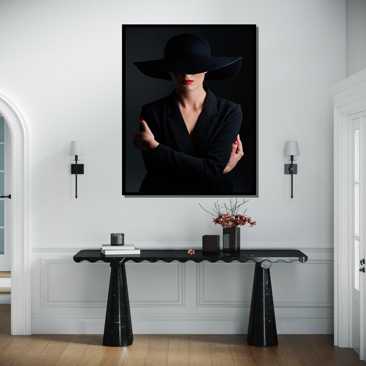 Mysterious Woman in Black Canvas, Minimalist Portrait Art, Red Lip Accent Wall Decor, Elegant Fashion Canvas, Ready to Hang Wall Art