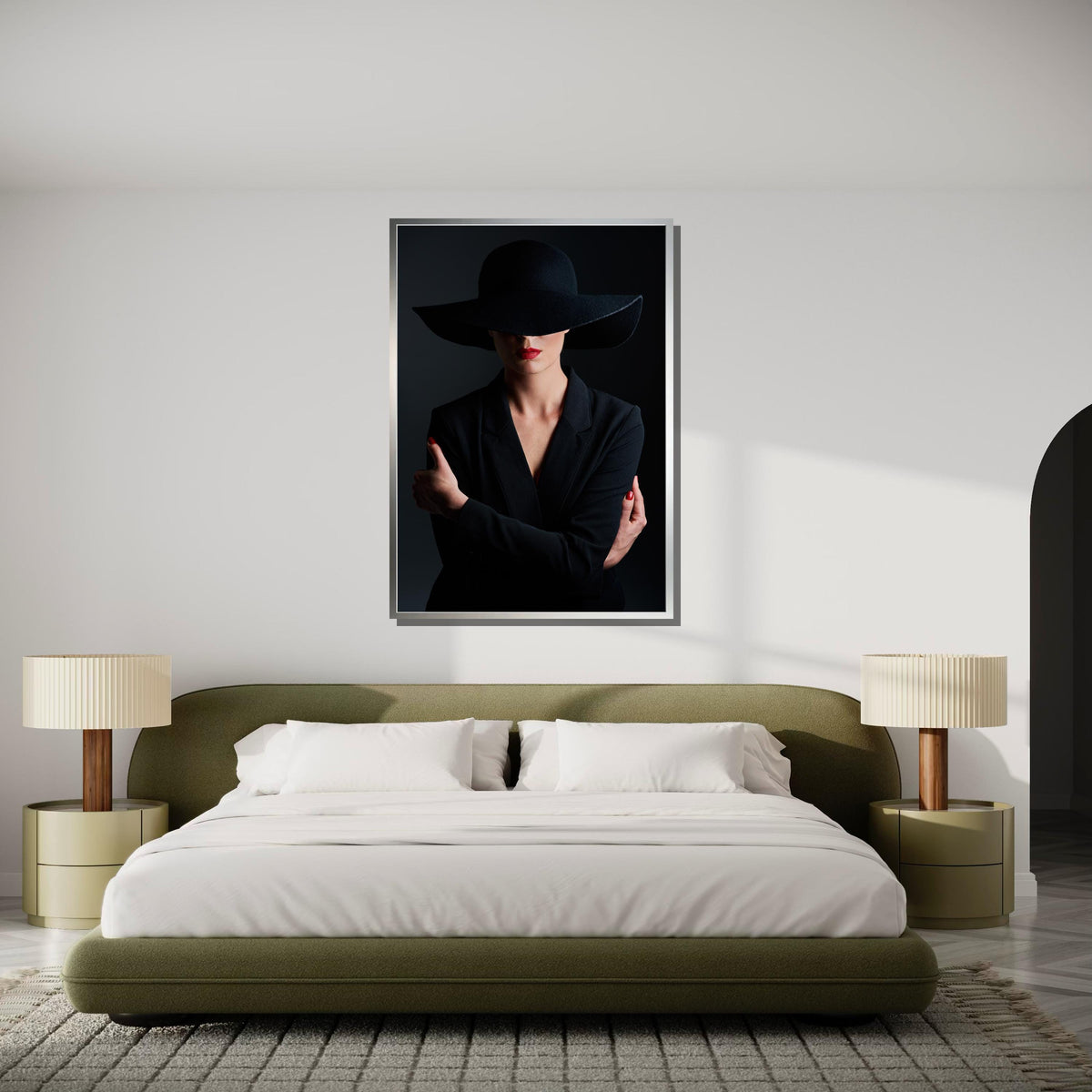 Mysterious Woman in Black Canvas, Minimalist Portrait Art, Red Lip Accent Wall Decor, Elegant Fashion Canvas, Ready to Hang Wall Art