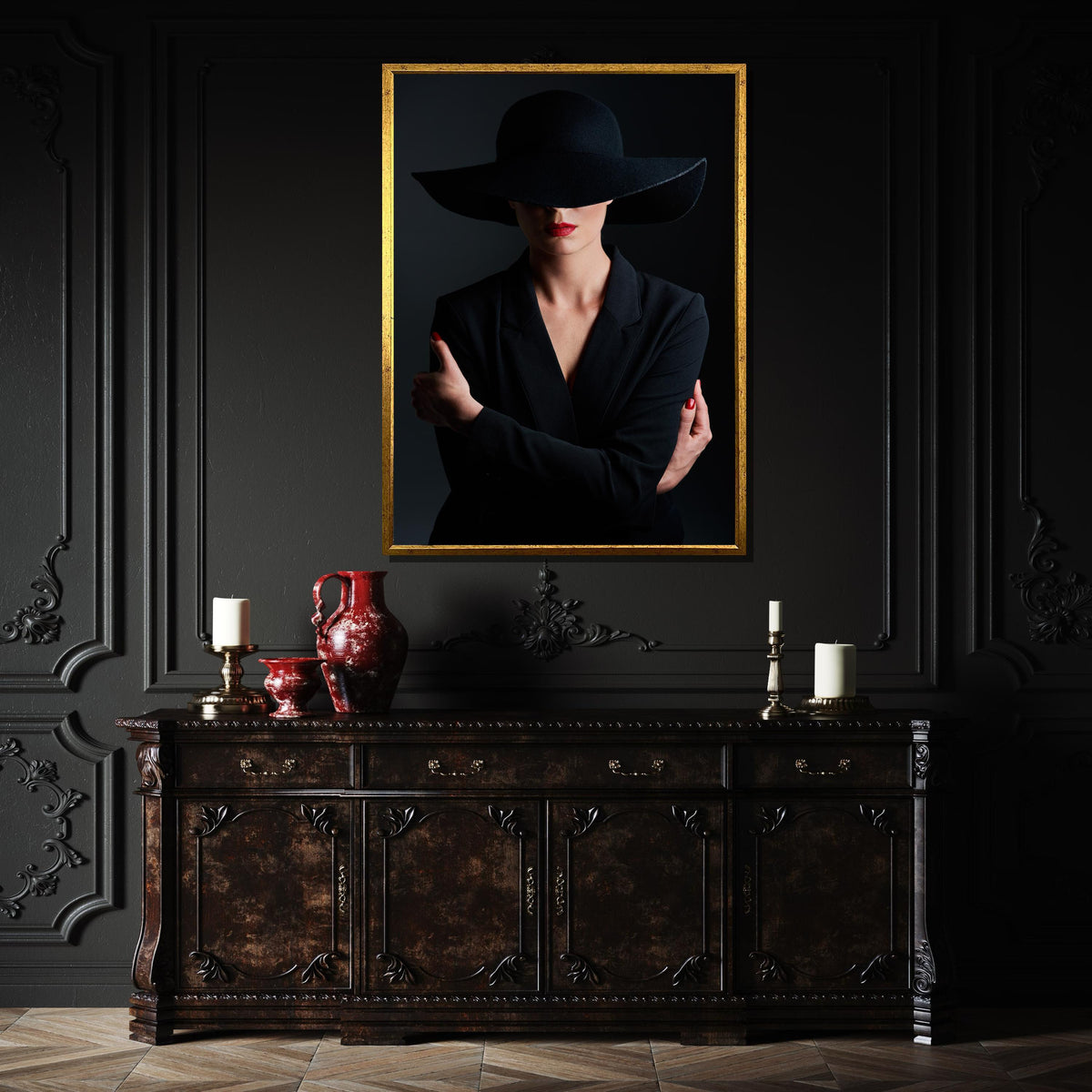 Mysterious Woman in Black Canvas, Minimalist Portrait Art, Red Lip Accent Wall Decor, Elegant Fashion Canvas, Ready to Hang Wall Art