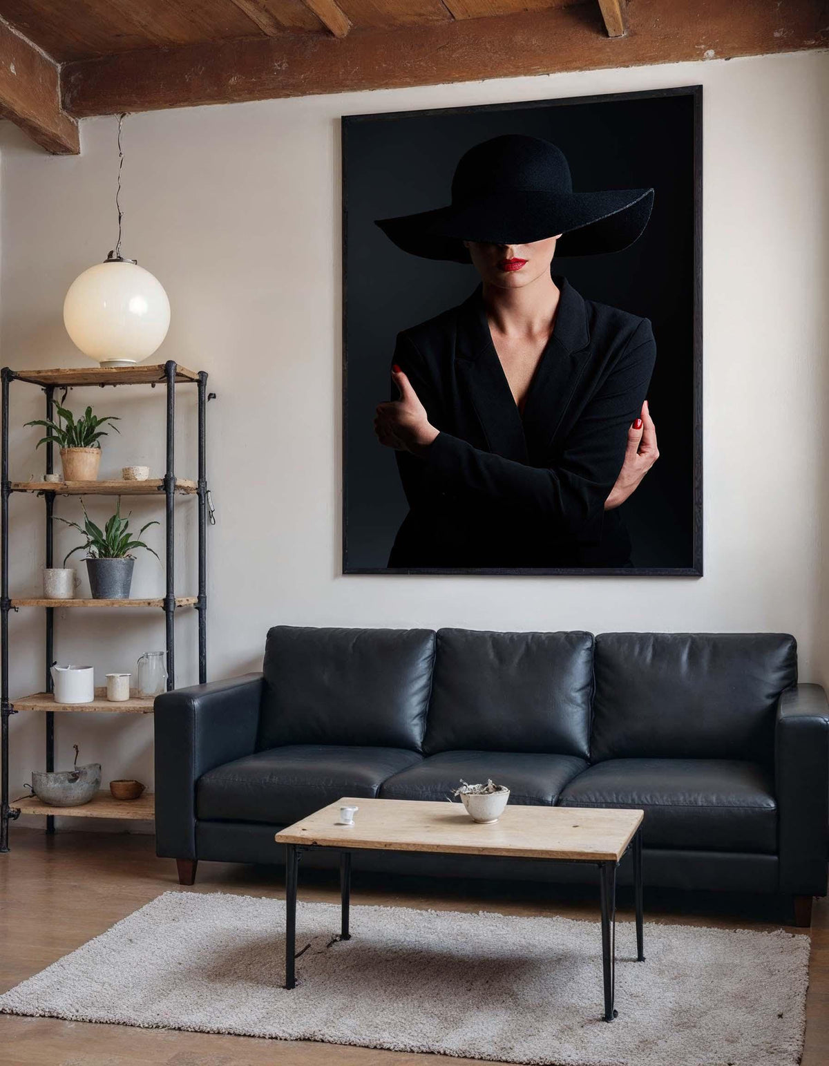 Mysterious Woman in Black Canvas, Minimalist Portrait Art, Red Lip Accent Wall Decor, Elegant Fashion Canvas, Ready to Hang Wall Art