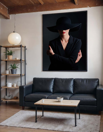 Mysterious Woman in Black Canvas, Minimalist Portrait Art, Red Lip Accent Wall Decor, Elegant Fashion Canvas, Ready to Hang Wall Art