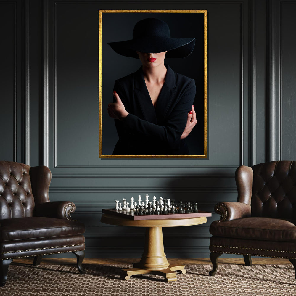Mysterious Woman in Black Canvas, Minimalist Portrait Art, Red Lip Accent Wall Decor, Elegant Fashion Canvas, Ready to Hang Wall Art