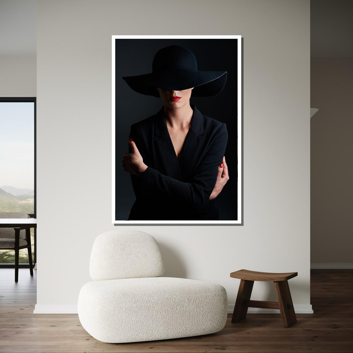 Mysterious Woman in Black Canvas, Minimalist Portrait Art, Red Lip Accent Wall Decor, Elegant Fashion Canvas, Ready to Hang Wall Art