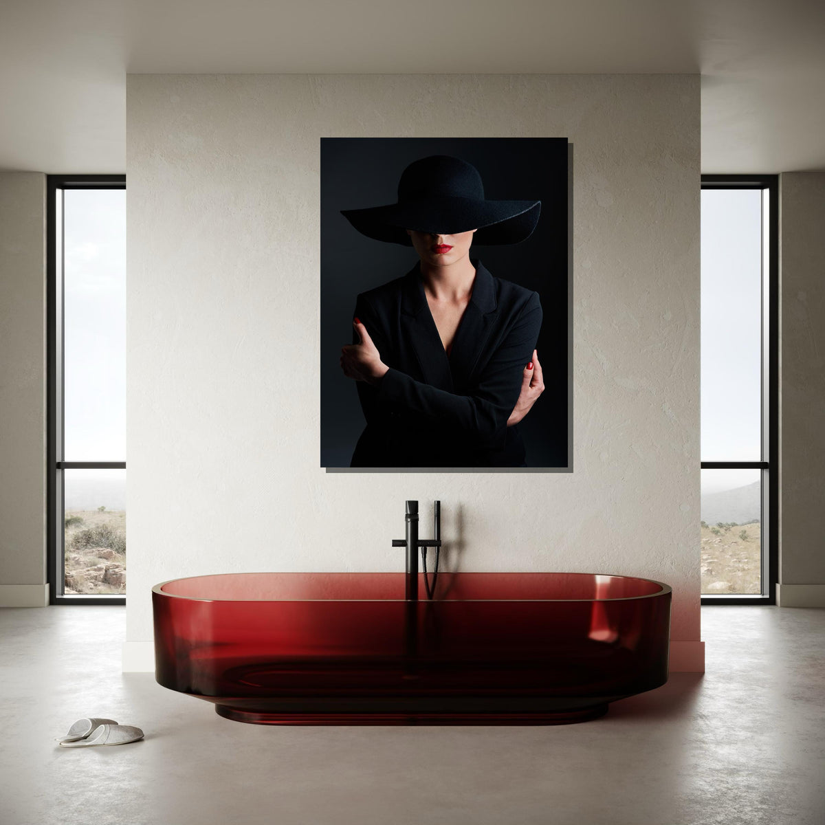 Mysterious Woman in Black Canvas, Minimalist Portrait Art, Red Lip Accent Wall Decor, Elegant Fashion Canvas, Ready to Hang Wall Art