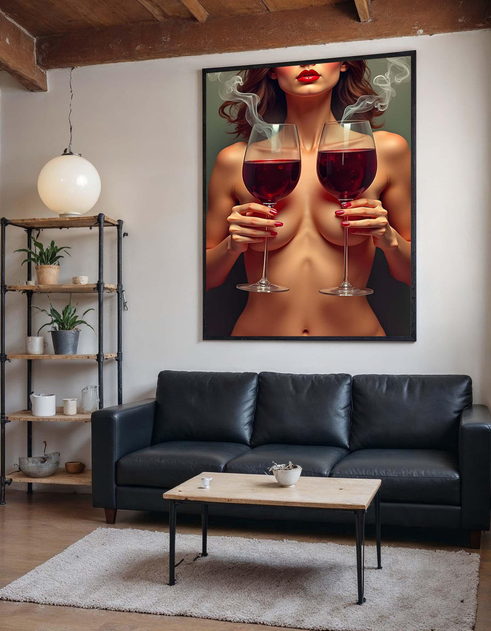 Erotic Wine Woman Canvas Art, Sensual Nude Portrait with Wine Glasses, Bold Erotic Wall Decor, Modern Seductive Artwork,Ready to Hang Canvas