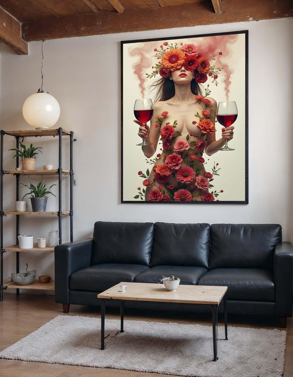 Floral Wine Goddess Canvas, Sensual Feminine Art, Elegant Nude and Flower Decor, Artistic Wine-Inspired Portrait, Wall Art Canvas Design