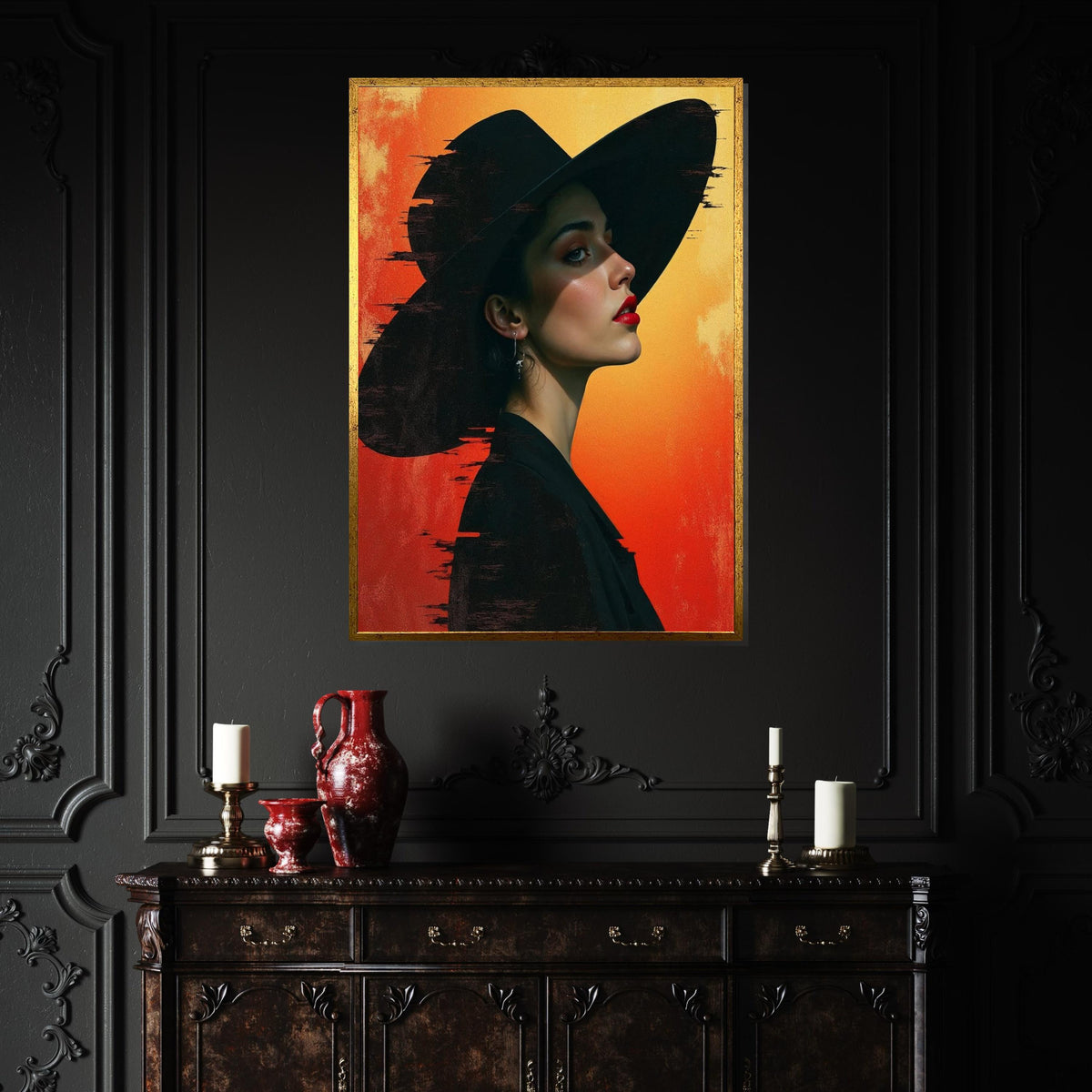 Elegant Woman in Black Hat Canvas, Stylish Art Portrait, Wall Art Canvas Design, Ready to Hang Decor, Perfect Gift Art for Her