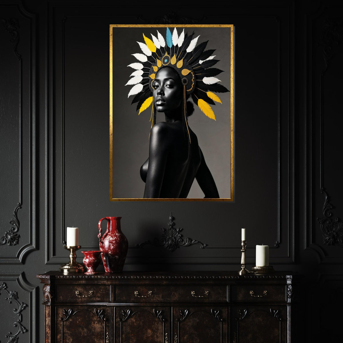 Regal Black Woman Headdress Art, Cultural Wall Canvas, Ethnic Decor, Black Art Print, Wall Art Canvas Design, Gift Ready, Home Decor