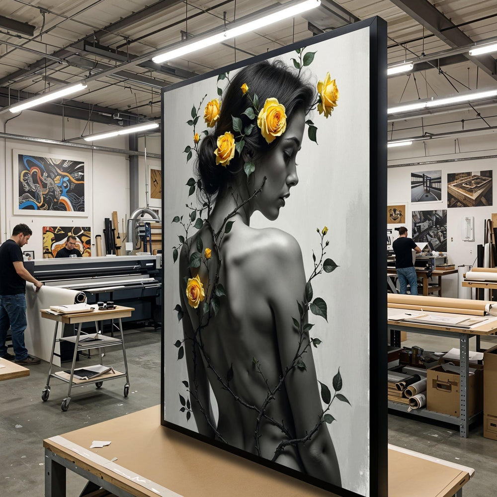 Floral Muse Canvas, Nude Woman Art, Yellow Rose Portrait, Wall Art Canvas Design, Ready to Hang Decoration, Elegant Home Decor