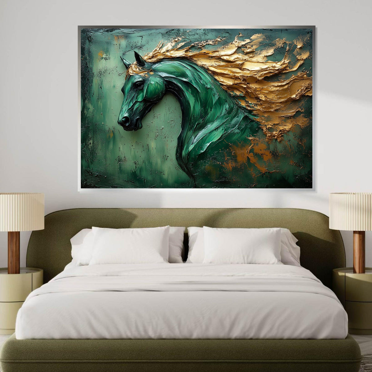 Majestic Green Horse Canvas, Horse Art, Gold Mane Wall Print, Animal Wall Art, Canvas Wall Art, Ready to Hang Decoration