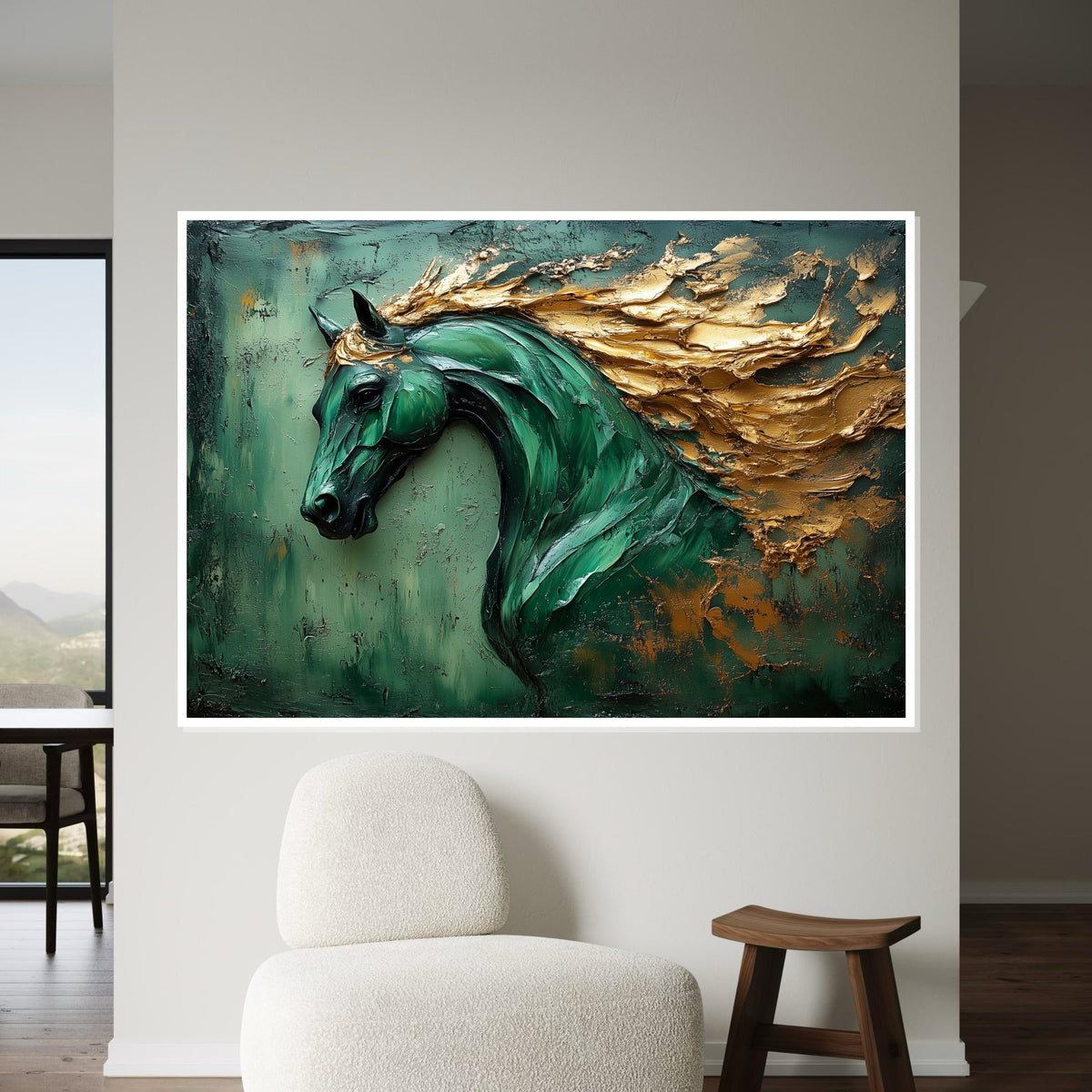 Majestic Green Horse Canvas, Horse Art, Gold Mane Wall Print, Animal Wall Art, Canvas Wall Art, Ready to Hang Decoration