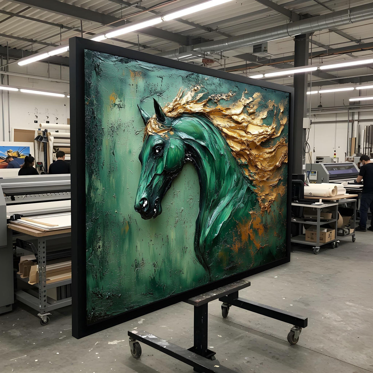 Majestic Green Horse Canvas, Horse Art, Gold Mane Wall Print, Animal Wall Art, Canvas Wall Art, Ready to Hang Decoration