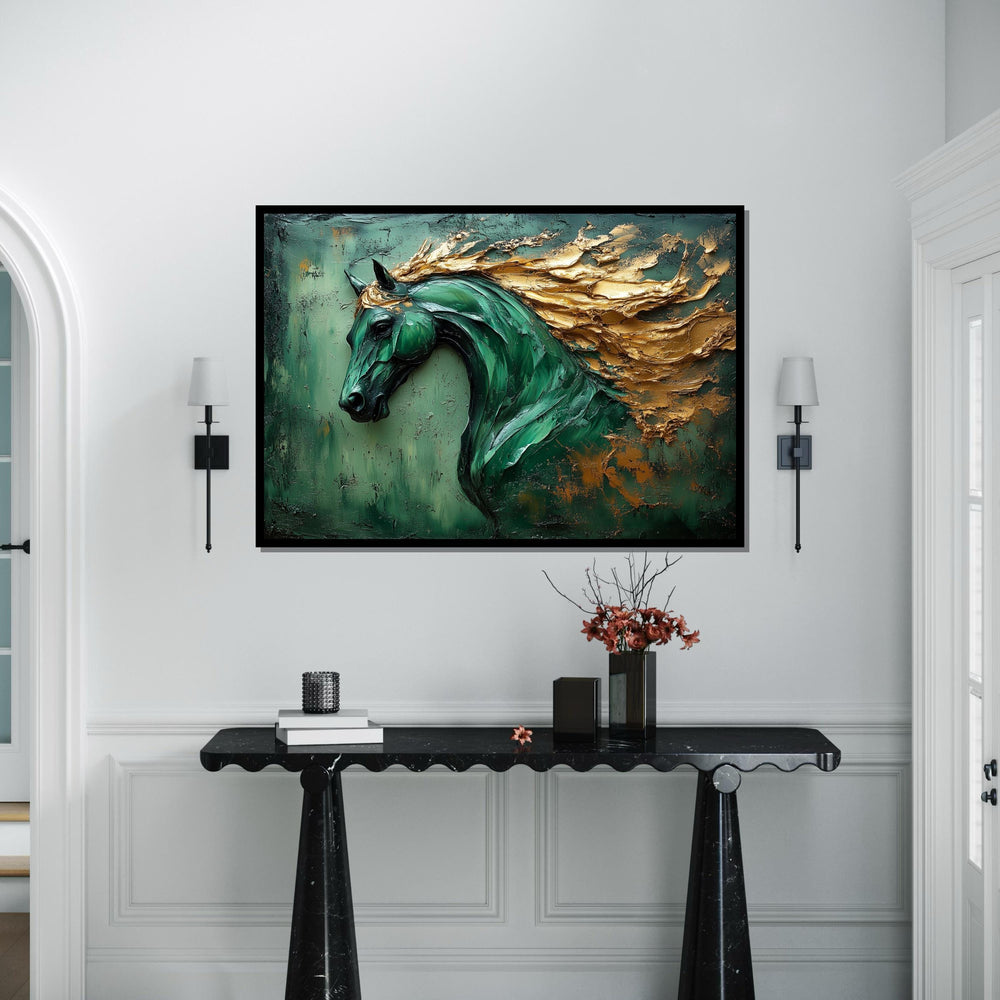 Majestic Green Horse Canvas, Horse Art, Gold Mane Wall Print, Animal Wall Art, Canvas Wall Art, Ready to Hang Decoration