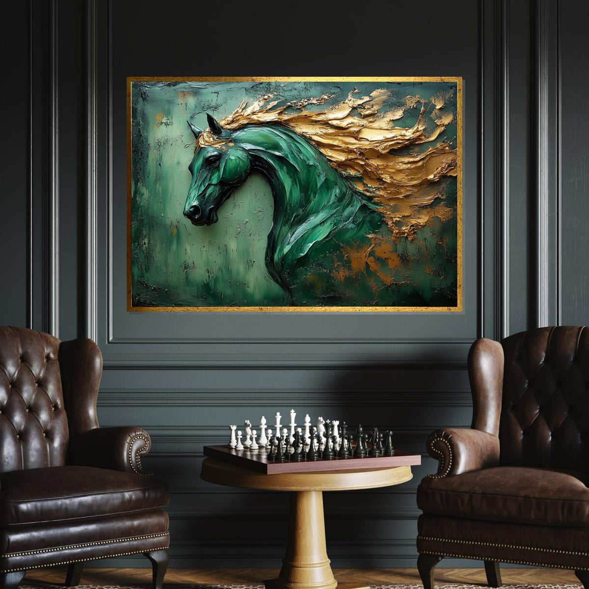 Majestic Green Horse Canvas, Horse Art, Gold Mane Wall Print, Animal Wall Art, Canvas Wall Art, Ready to Hang Decoration