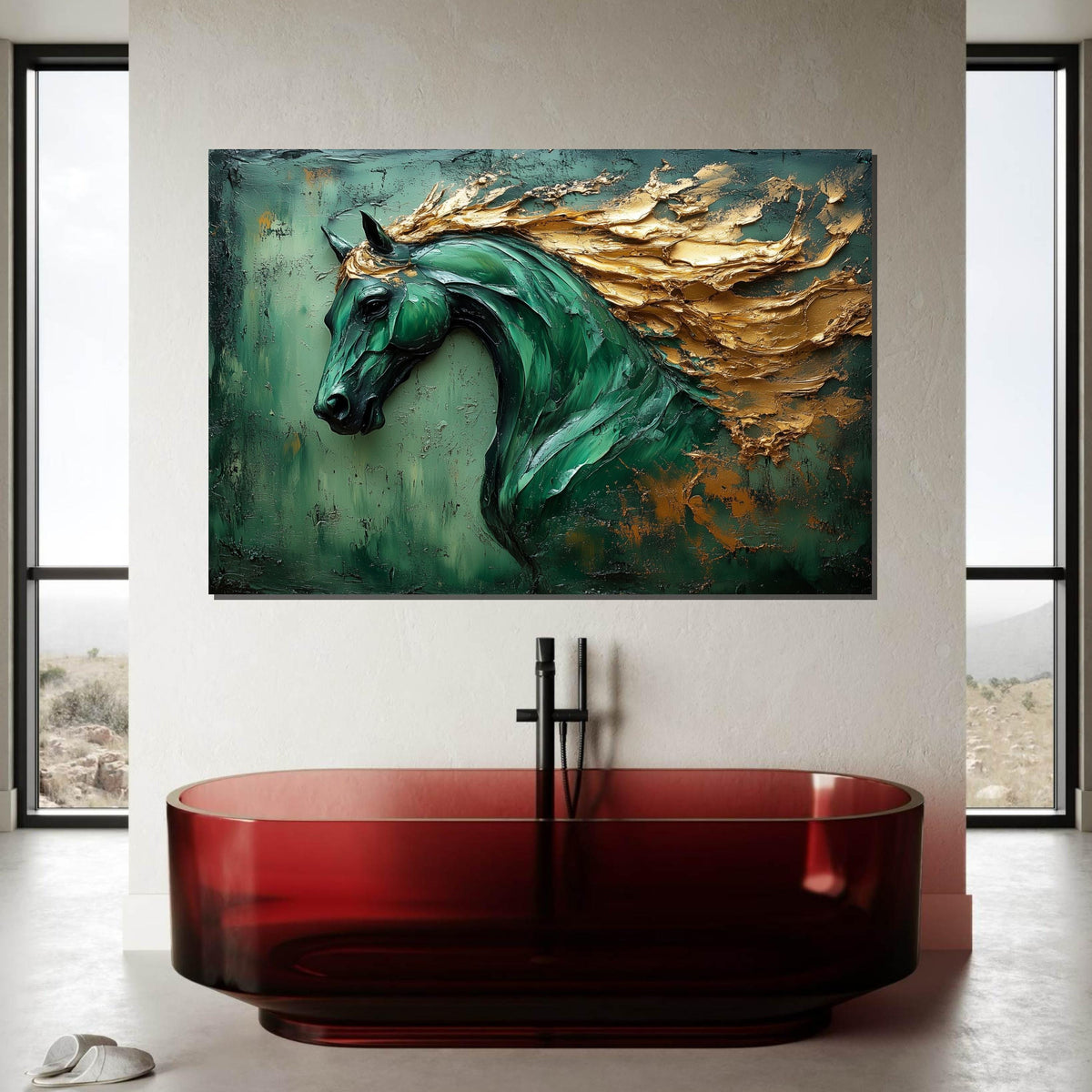 Majestic Green Horse Canvas, Horse Art, Gold Mane Wall Print, Animal Wall Art, Canvas Wall Art, Ready to Hang Decoration