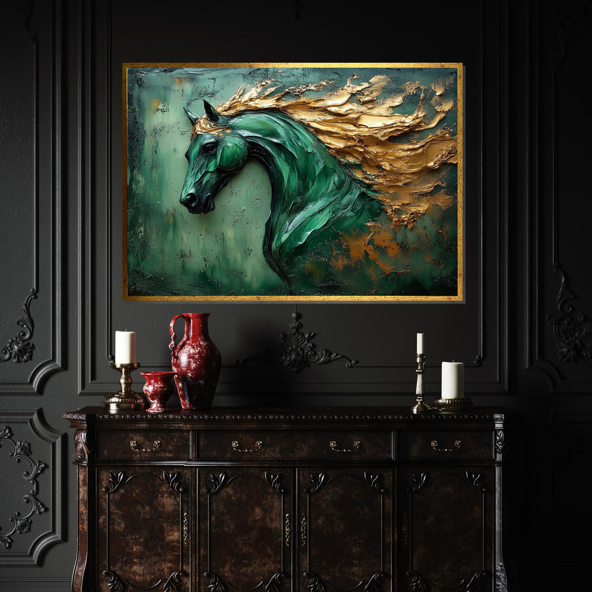Majestic Green Horse Canvas, Horse Art, Gold Mane Wall Print, Animal Wall Art, Canvas Wall Art, Ready to Hang Decoration