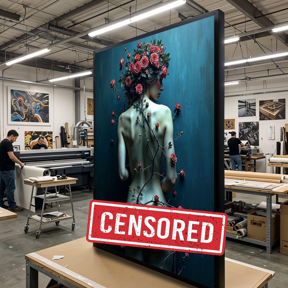 Floral Embrace Canvas, Woman with Roses Art, Surreal Wall Art, NatureInspired Canvas Design, Nude Floral Poster, Ready to Hang Decoration