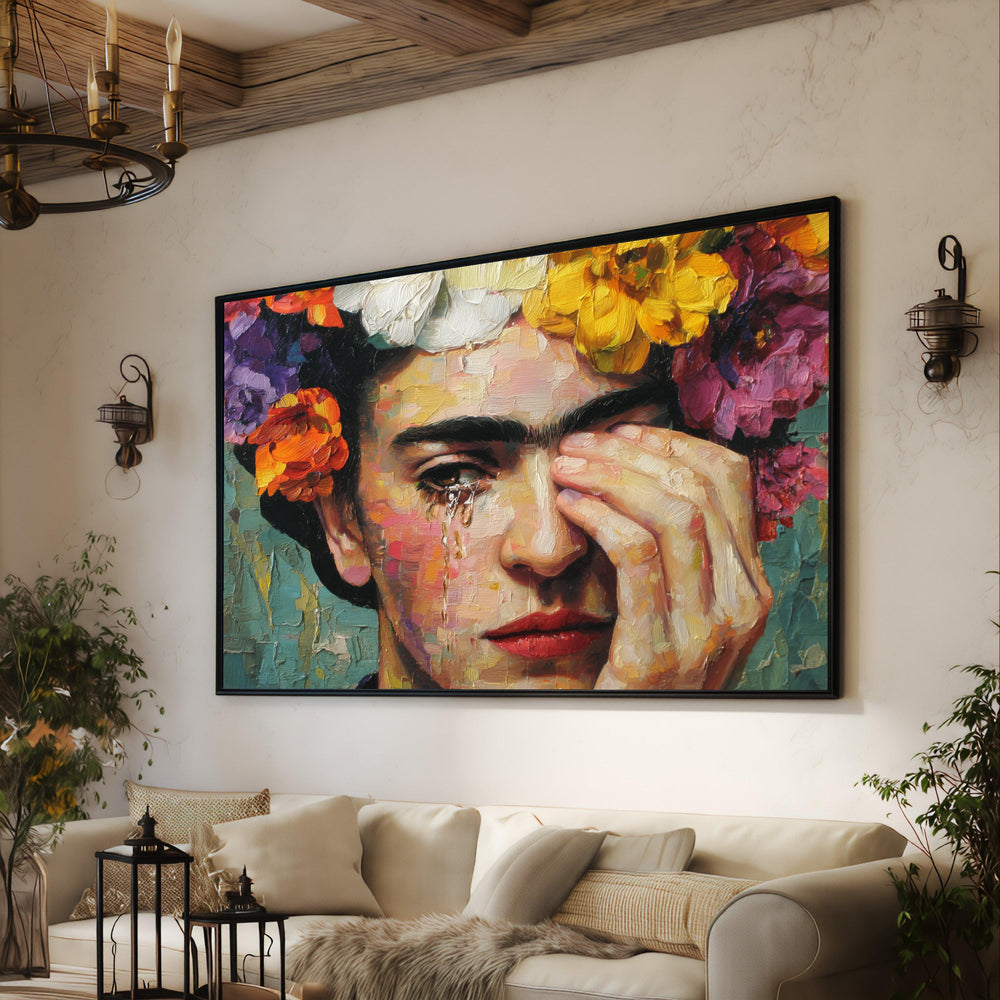 Frida Kahlo Portrait Canvas, Floral Headpiece, Expressionist Wall Art
