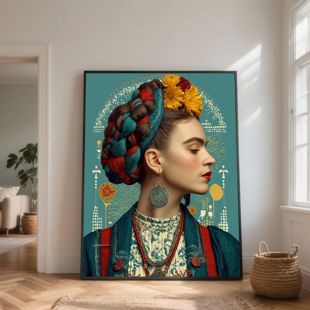 Frida Kahlo Portrait Canvas, Mexican Folk Art, Floral Headpiece