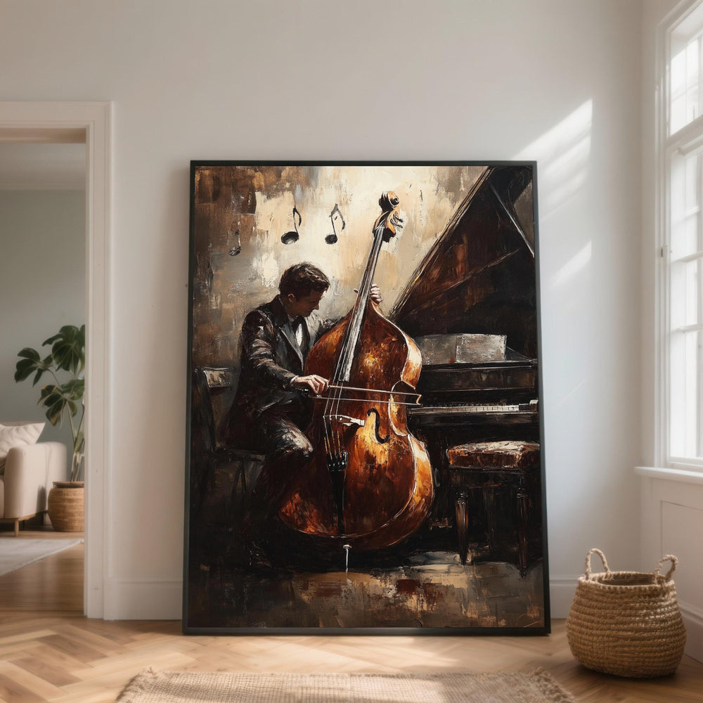 Jazz Musician Double Bass Canvas Art, Vintage Instrument Painting