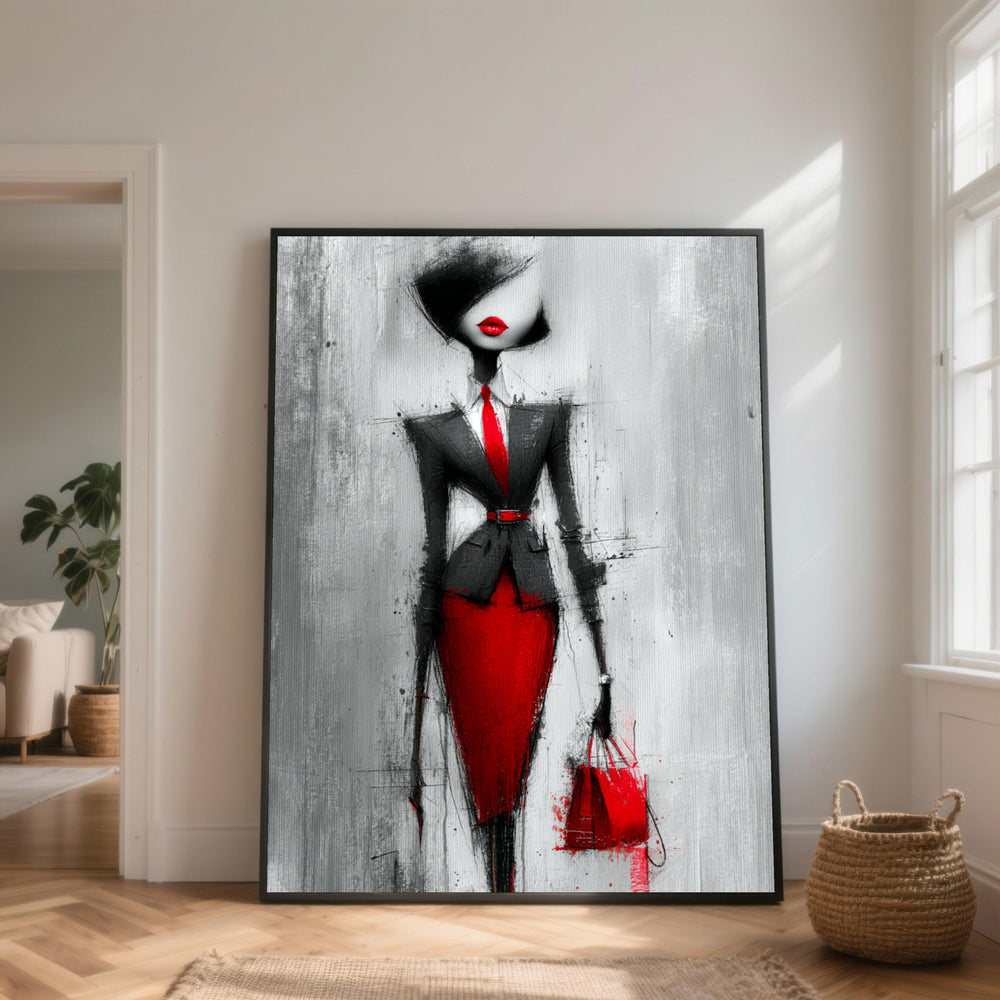 Red and Black Fashion Woman Canvas Art, Abstract Silhouette Painting