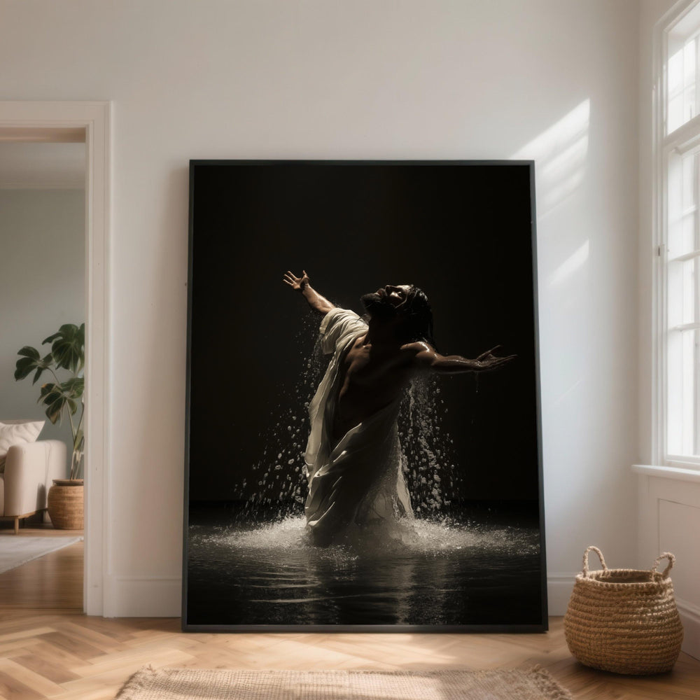 Jesus Dramatic Water Splash Canvas, Dark Spiritual Expression Art, Holy Water Symbolism Wall Decor