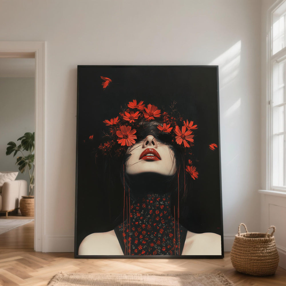 Red Floral Crown Woman Portrait Canvas Wall Art