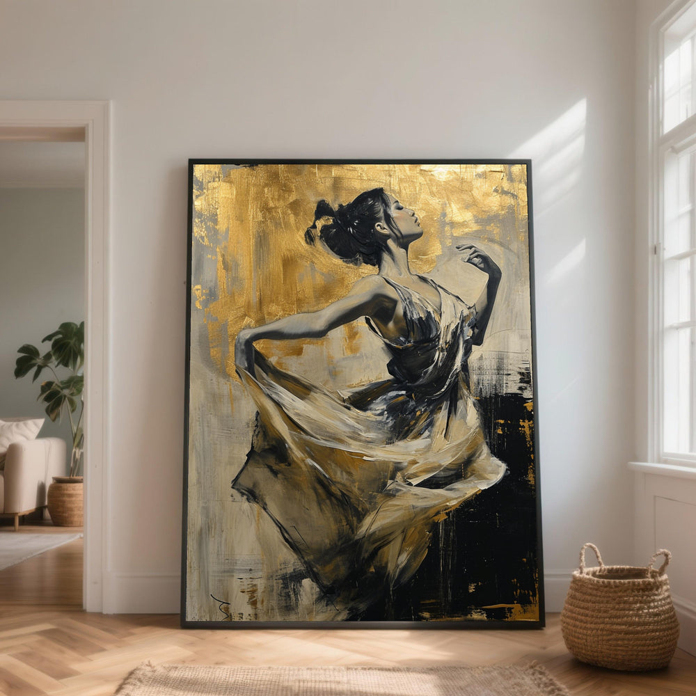 Ballerina Canvas Print, Gold Abstract Art, Modern Dance Painting