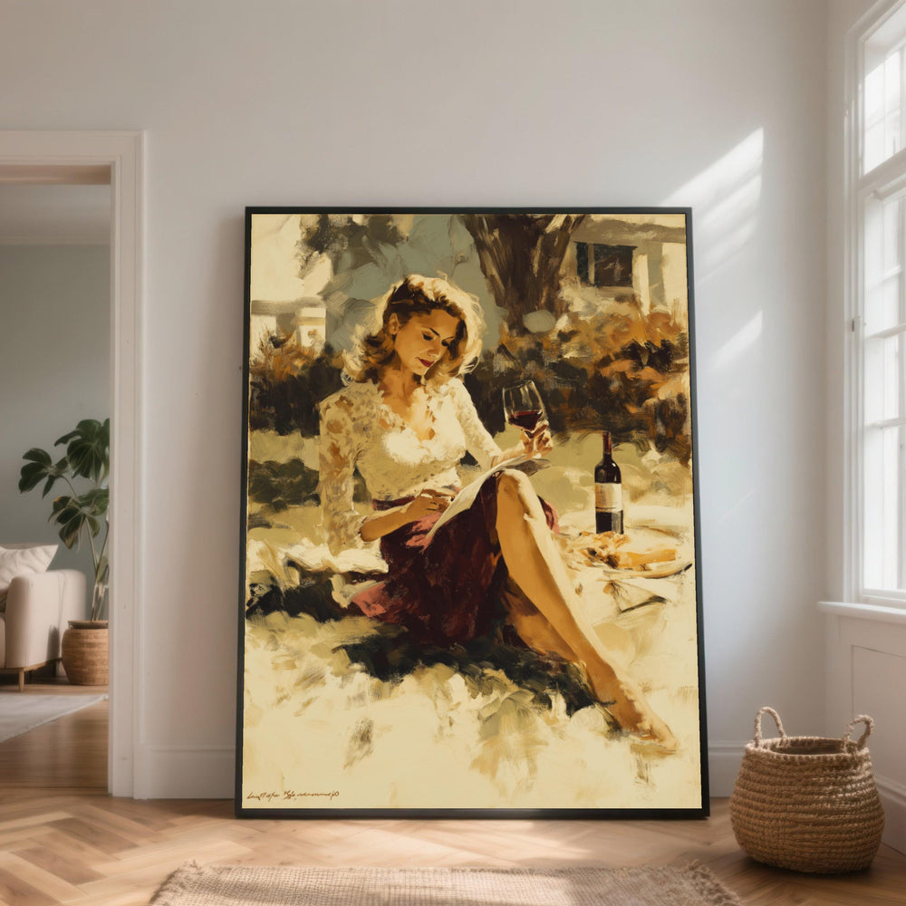Elegant Woman Reading Canvas Print, Wine & Relaxation, Vintage Style Wall Art