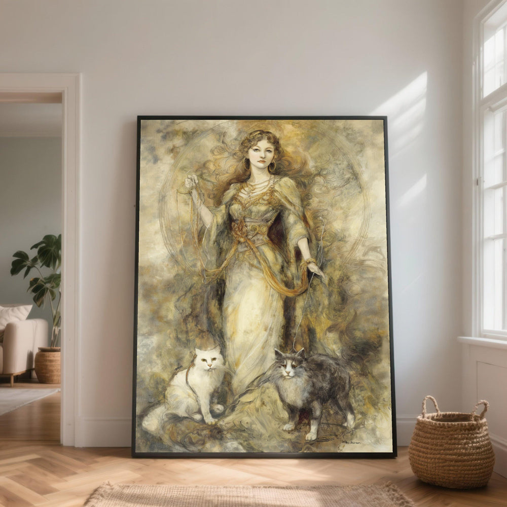 Mystical Woman and Cats Canvas, Ethereal Portrait Art Print