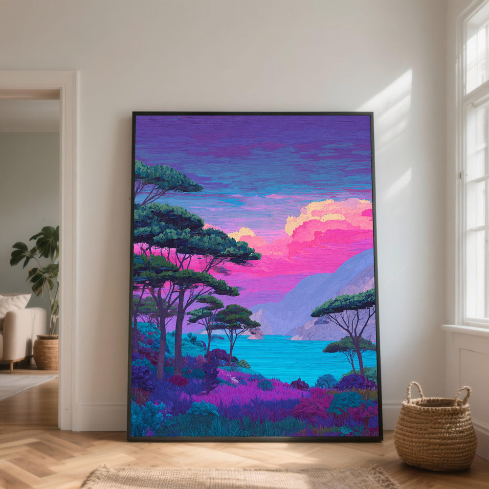 Vibrant Sunset Landscape Canvas, Tropical Trees Nature Art