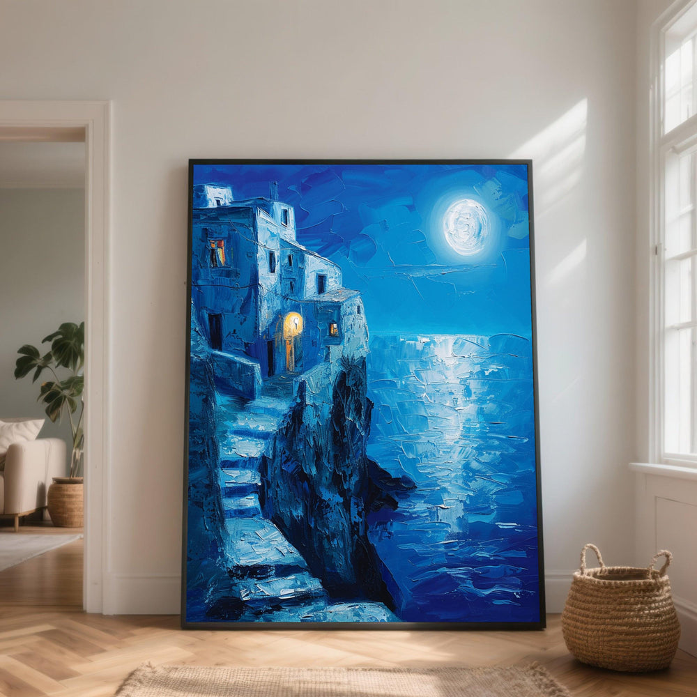 Moonlit Coastal Village Canvas Print, Mediterranean Art