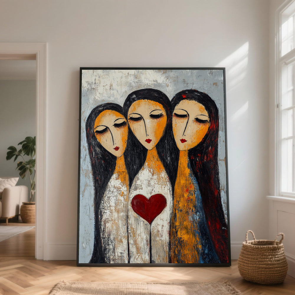 Abstract Women Portrait Canvas, Modern Expressionist Trio, Heart Artwork