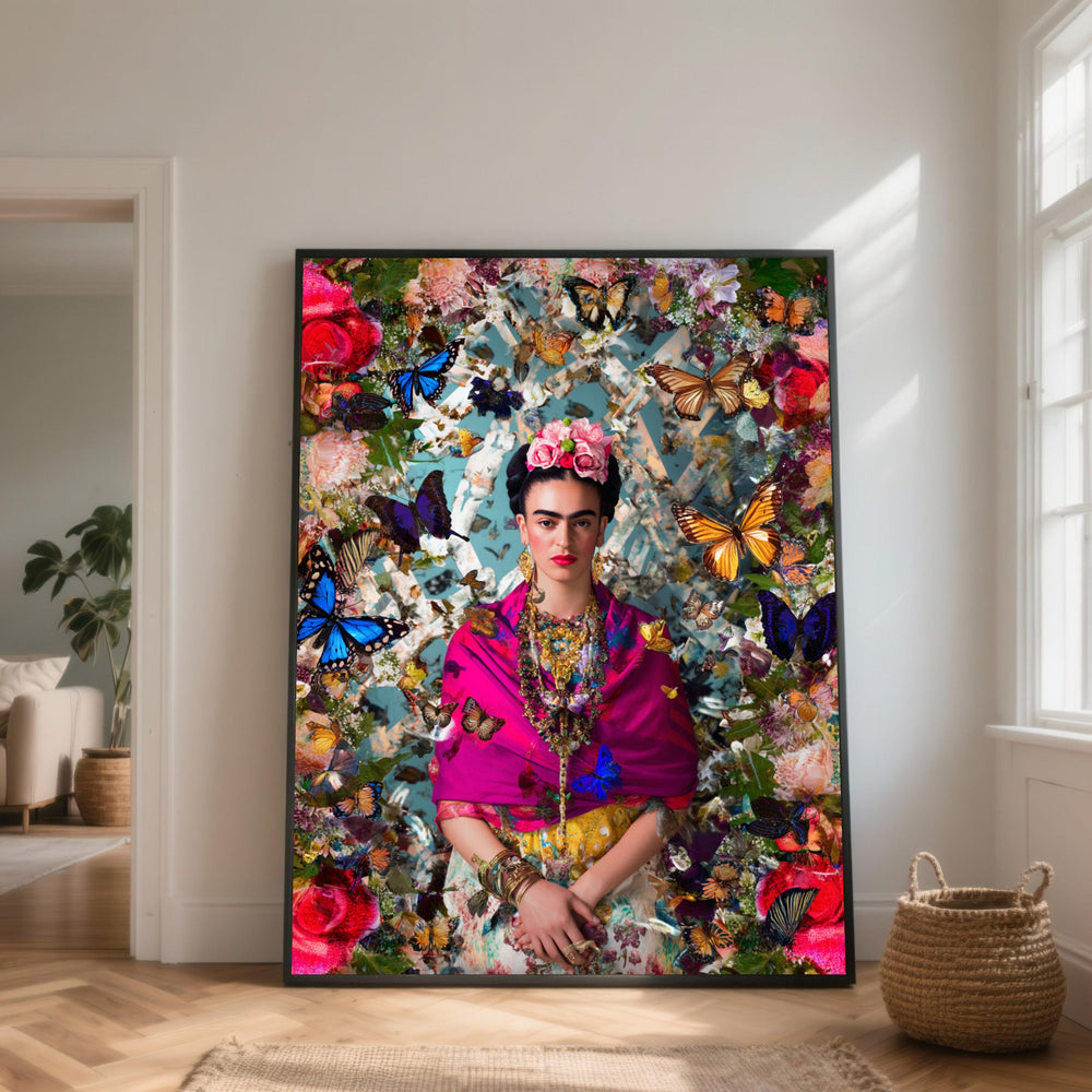 Frida Kahlo Portrait Canvas, Floral Butterfly Bohemian Wall Art