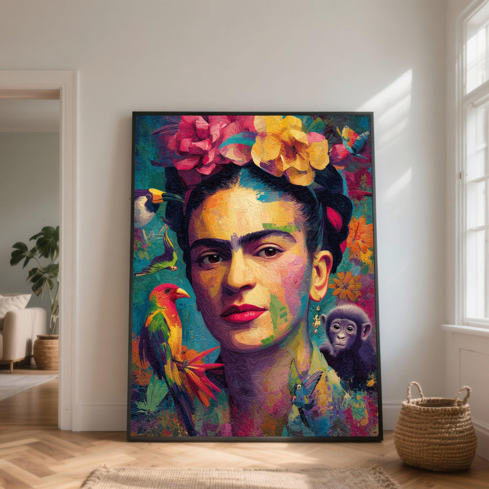 Vibrant Frida Kahlo Portrait Canvas, Tropical Birds, Monkey Wall Art