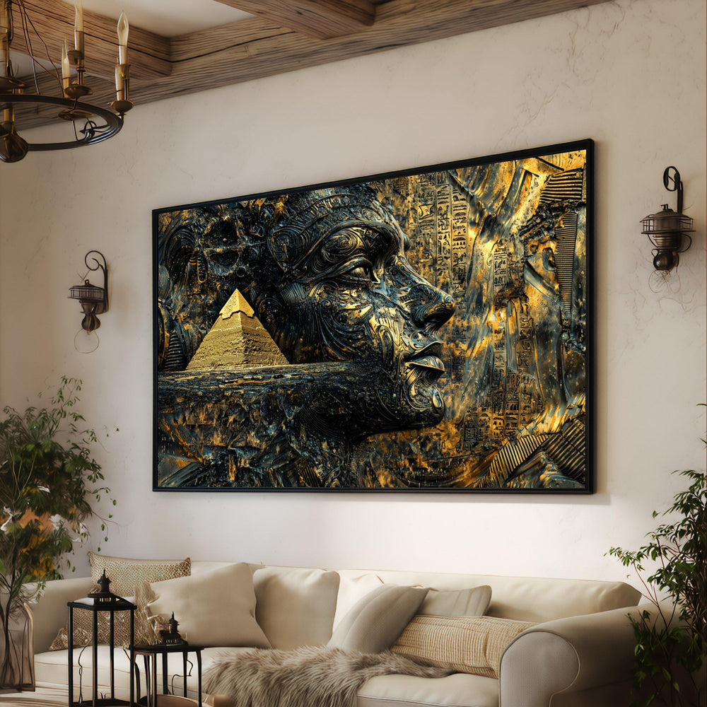 Egyptian Pharaoh Canvas Art, Pyramid Hieroglyphics, Gold & Black