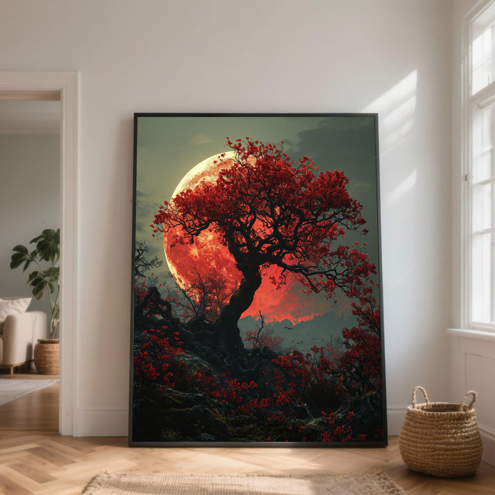 Red Blossom Tree Canvas Print, Full Moon Mystical Landscape