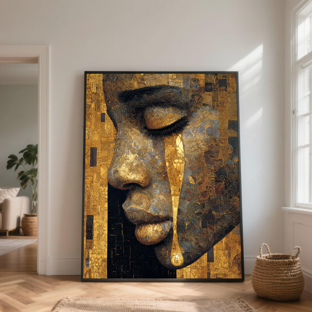 Golden Tears Woman Portrait Canvas, Abstract Mixed Media Art