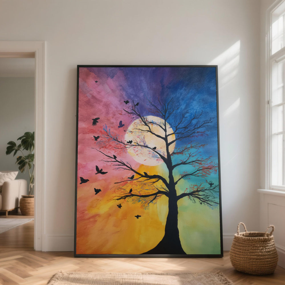 Colorful Sunset Canvas Print, Silhouette Tree with Birds Wall Art