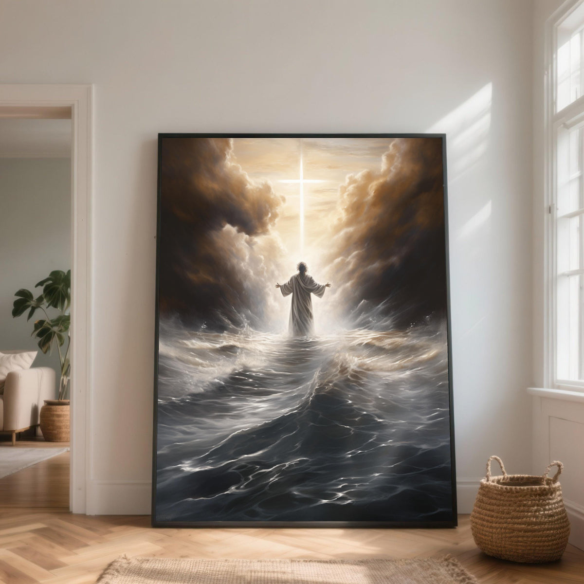 Jesus Walking on Water Canvas, Spiritual Christian Wall Art