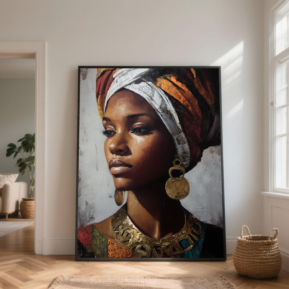 African Woman Portrait Canvas, Gold Jewelry, Ethnic Headwrap Wall Art