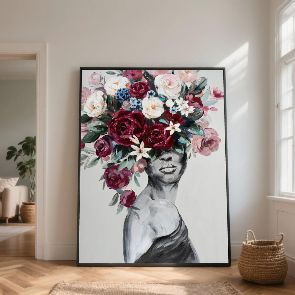 Floral Face Canvas Art, Elegant Woman Portrait with Flower Crown
