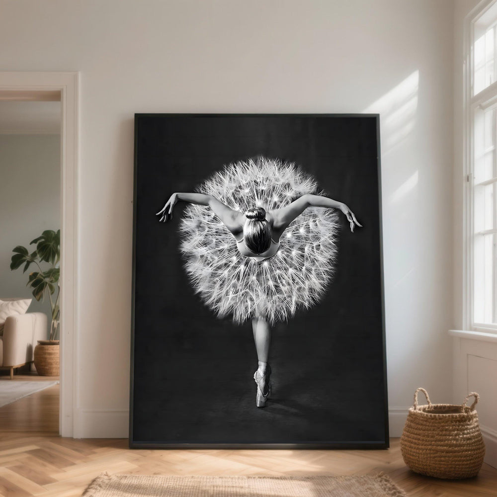 Ballerina Dandelion Tutu Canvas Print, Black and White Dance Art