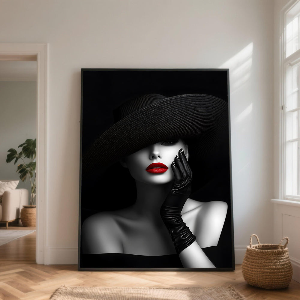 Glamour Woman Black Hat Canvas Print, Red Lips Fashion Art